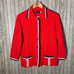 Vintage 70’s Red Navy Blue White Striped Gold Button Down Cardigan Sweater